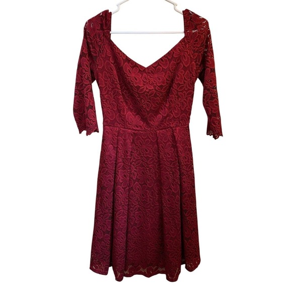 Missmay Retro Gorgeous City Lace Fit Flare Dress Burgundy 3/4 Sleeve V Neck - Picture 2 of 12